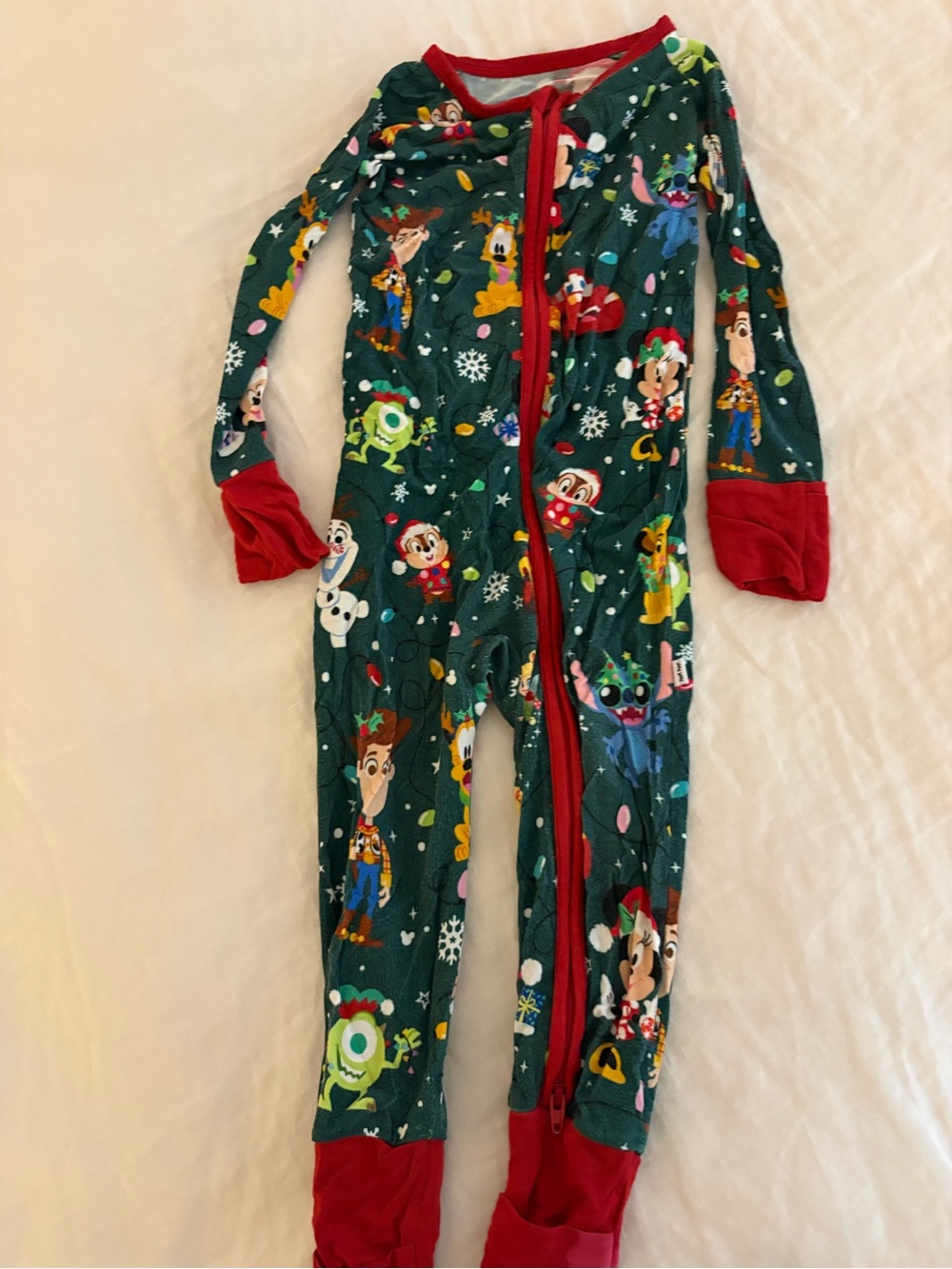 Little Sleepies Disney Green Holiday Character Footed One-Piece with Red Trim